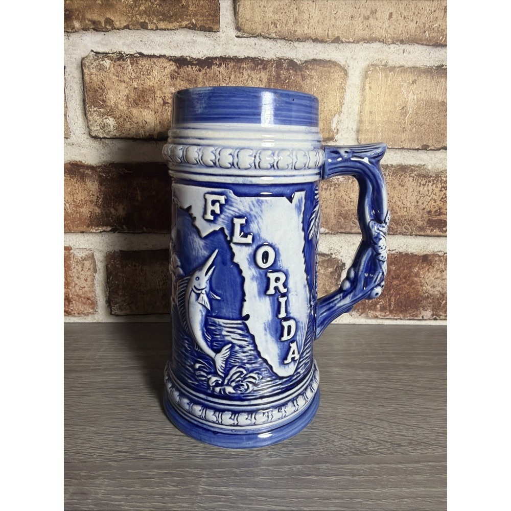 Vtg Florida Blue White Ceramic Beer Stein Mug Marlin Fish Souvenir Made in Japan